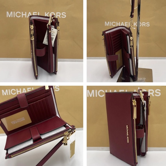 MICHAEL KORS LARGE DOUBLE ZIP WRISTLET WALLET DARK CHERRY COLOR MERLOT MULBERRY - Picture 16 of 16